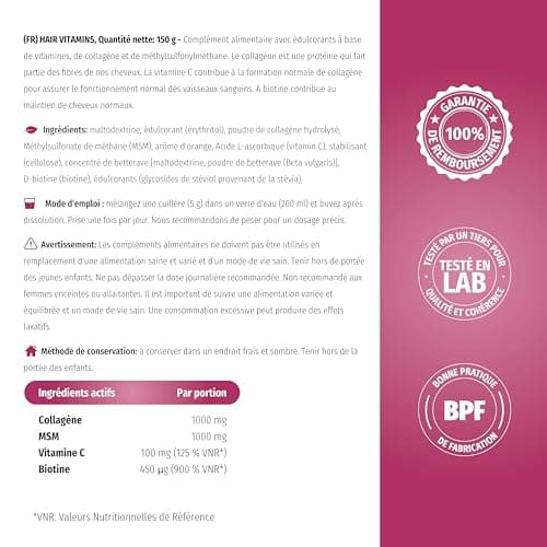 Nature's Finest by Nutrisslim Vitamines Pour Cheveux, Pour Femme, Aide au Lissage et à la Repousse des Cheveux, Riche en Biotine, Réduit la Perte de Cheveux, Avec Collagène, MSM, Vitamine C