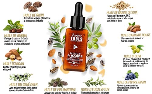 Huile Barbe | N°1 | aux huiles 100% naturelles - MADE IN FRANCE - Favorise la Pousse de la Barbe - À base d’Huile de RICIN, 7 Huiles Végétales & 3 huiles essentielles & Vitamine E - (30 ml)