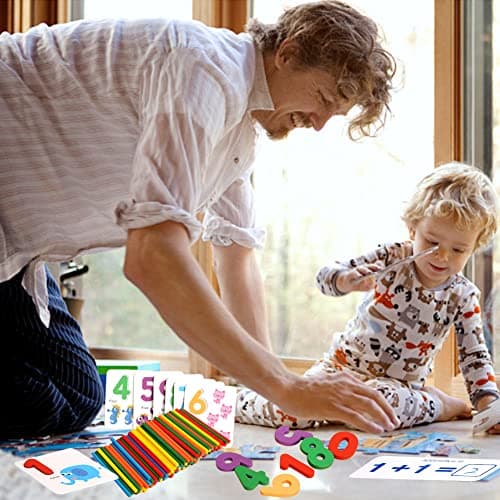 URFEDA Bâtonnets de comptage en bois, blocs de chiffres avec carte flash mathématiques, jouets d'apprentissage précoce Montessori, jouets éducatifs intelligence pour enfants de 3 ans et plus