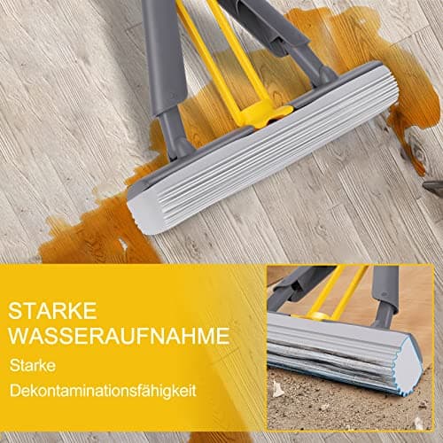 Masthome Balai éponge Absorbant avec Essoreur, Serpillere avec Poignée Réglable de 130 cm, 3 Réutilisables PVA éponge Head, Balai Vadrouille éponge pour Nettoyage Sols