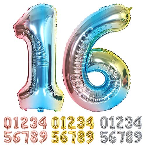 Ponmoo Foil Ballons Chiffre 16/61 Dégradé Bleu, Grands Ballon Numéro 0 1 2 3 4 5 7 8 10-19 20-29 30-39 40 50 60 70 80 90 100, Décoration de Ballons Géants pour Mariages Party et Anniversaires Fête