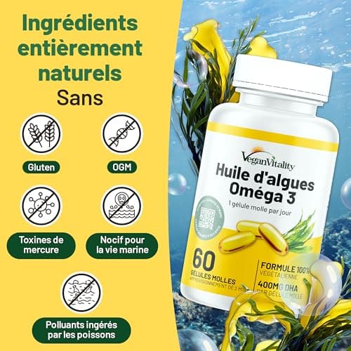 Omega 3 Vegan Huile d'algues 400 mg DHA par capsule, 60 capsules, soit 2 mois d'huile vegetale. Remplace huile de foie de morue, convient à tous les régimes vegan/végétariens.