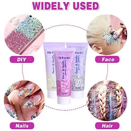 Miioto Gel Paillettes Visage,Paillette Cheveux Visage,Maquillage Paillette Paillettes Corps,Sequins Glitter pour Cosmétique Visage Lèvres Ongles Festival Fête Maquillage Décoration 3 Couleurs (A)