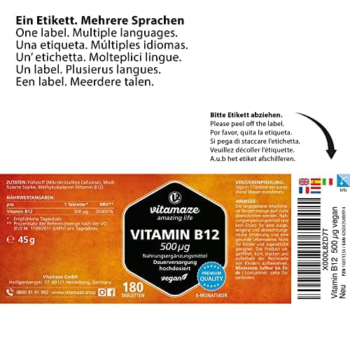 Vitamine B12 500 mcg Méthylcobalamine Hautement Dosée & Végétalienne - 180 comprimés pour 6 mois - Complément Alimentaire Naturel Sans Additifs