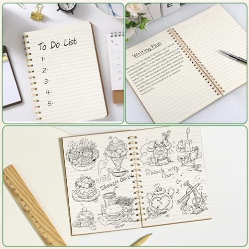 JIANTA A5 Cahiers à Spirales Ligné Classique, 4 Pièces 100 Pages / 50 Feuiles Carnet Spirale Ligné, Carnet Dessin Kraft pour L'école L'écriture Garçons Filles