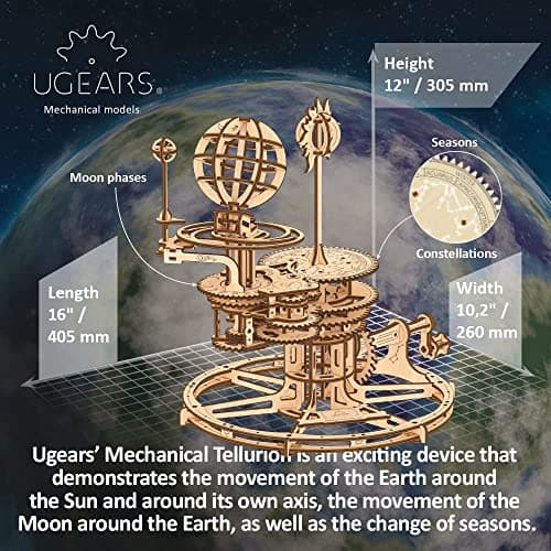 UGEARS Puzzle 3D mécanique Tellurion - Cadeau de fête des pères Terre et Lune Puzzles en Bois 3D pour Adultes - Kits de modèles pour Adultes à Construire - Kit de modèle de système Solaire éducatif