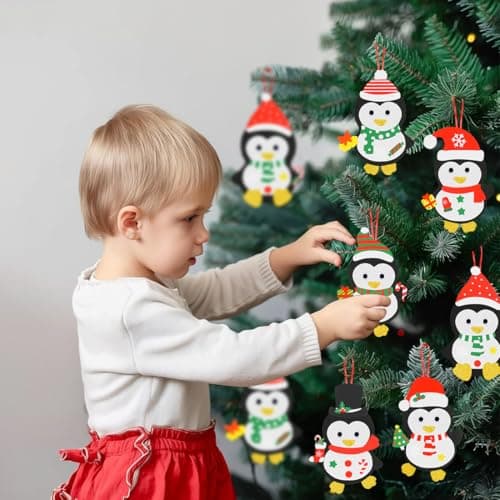 Kit Bricolage Noel Enfant, 12Pcs Pingouin Suspendue de Noël, Activites Manuelles Noel Enfants, Autocollants en Mousse Pendentif Créatif DIY pour Décoration Arbres de Noël, Fenêtres