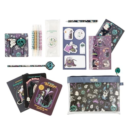 Grupo Erik | Set de Papeterie Disney, Papeterie Kawaii | Inclut : 1 Stylo Bille Gel, 1 Crayon de Papier avec gommes, 4 Surligneurs, 2 Trombones, 3 Carnets A6, Stickers