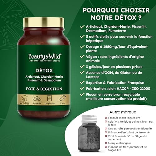 DÉTOX FOIE - Complément Alimentaire d’Artichaut, Chardon-Marie, Pissenlit - Confort Digestif, Protège le Foie, Draineur, Intestins et colon, perte de poids, minceur, 120 gélules - Beauty&Wild