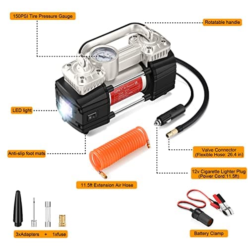 GSPSCN Argent Compresseur d'air portatif Pompe Voiture, Gonflage pneus Voiture portable à double cylindre 12V robuste 150PSI Gonfleur de pneu Heavy Duty Electrique Voiture, SUV, camping-car, balles