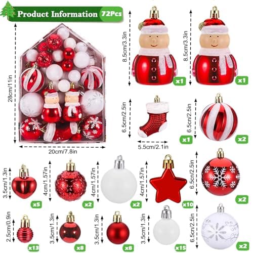 Kssvzz 72 Pcs Boule de Noel, Decoration Noel Sapin avec Lanière, Deco de Noel Mat et Brillant, Christmas Decorations à Suspendre - pour l'Intérieur et l'Extérieur, Anniversaires, Fêtes(Rouge, Blanche)