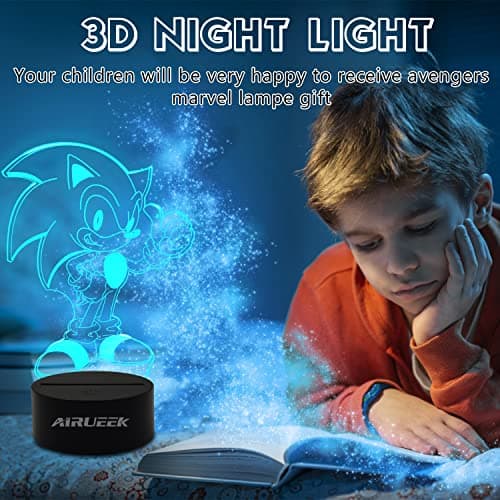 AIRUEEK Sonic Jouet Lampe 3D Veilleuse-16 Variations De Couleurs/1 Remote/1 télécommande / 1 socle noir/décoration de chambre anime créatif Sonic Hedgehog garçon cadeau d'enfant
