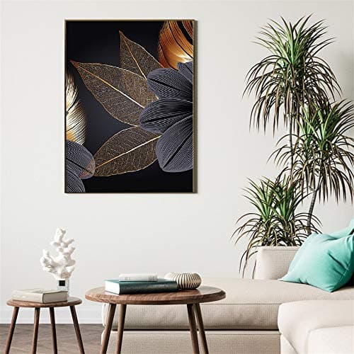 OYFFL Noir Feuille d'or Toile Peinture Plante Affiche Impression Moderne décor à la Maison Abstrait Mur Art Peinture Nordique Salon décoration Photo (3,20 * 30cm sans Cadre)