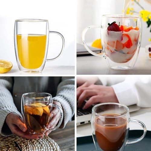 autumndeer Tasses en verre à cappuccino, lot de 4 tasses à espresso à double paroi, tasses à café en verre isolées avec 4 cuillères, tasses en verre transparent pour latte, cappuccino (350ml)