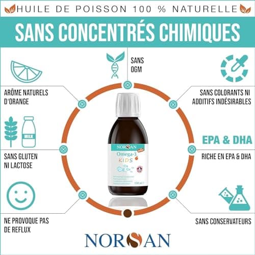 NORSAN OMEGA 3 FISK hautement dosé 150 ml/oméga-3 pour enfant 1.120mg par dose journalière/omega 3 enfant avec EPA & DHA/dose journalière 1 cuillère à café huile de poisson
