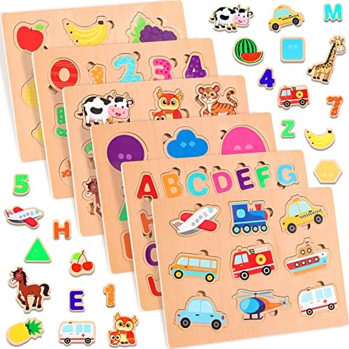 lenbest 6 pcs Puzzles en Bois pour Enfants, Montessori Jouet Bebe, Alphabet Nombre Forme Véhicules Fruit Animal Jeuets Educatifs Apprentissage pour Bébés 2 3 4 Ans Garçons Filles Cadeau Anniversaire
