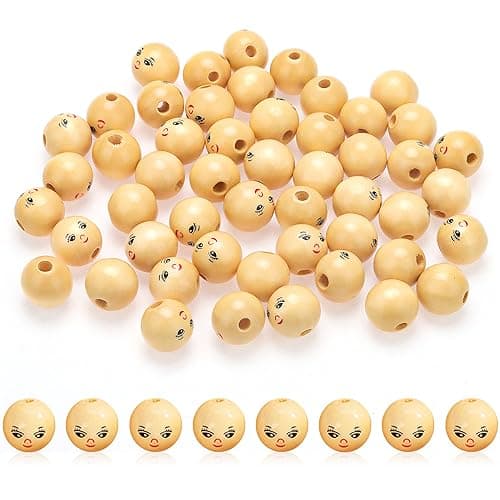 RNHDLY 50 Pièces Perles en Bois 18mm Perle en Bois Visage, Petite Boule en Bois avec un Trous, Perles en Bois Naturel Perles Bois Visage pour Bijoux, Breloques, Colliers, Bracelets