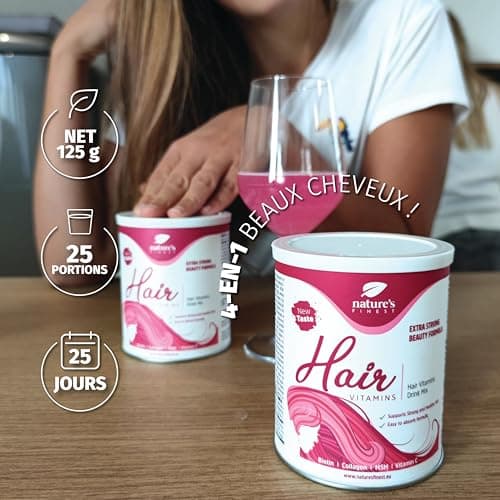 Nature's Finest by Nutrisslim Vitamines Pour Cheveux, Pour Femme, Aide au Lissage et à la Repousse des Cheveux, Riche en Biotine, Réduit la Perte de Cheveux, Avec Collagène, MSM, Vitamine C