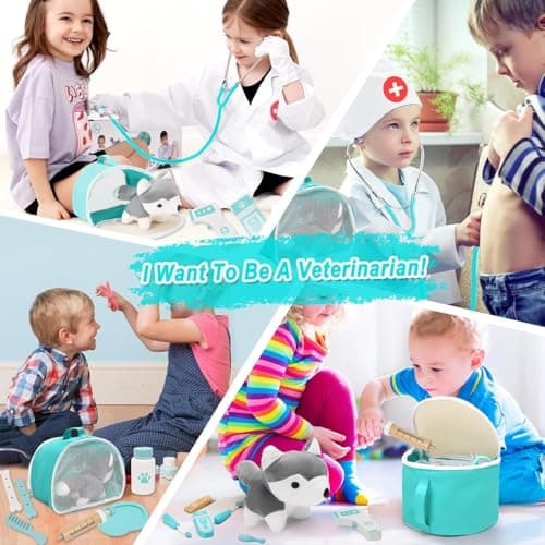 TGTT Castle Malette Docteur Enfant, Vétérinaire Enfant en Bois, Malette Docteur avec Chien la Peluche, Docteur avec Robe de Médecin et Chapeau, pour Fille Garcon 3+ Ans