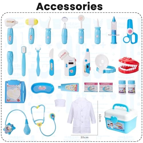 BUYGER Malette Docteur Enfant Jouet avec Déguisement de Docteur, Kit Medecin Outils Stetoscope Cadeau pour Garçon et Fille (Bleu)