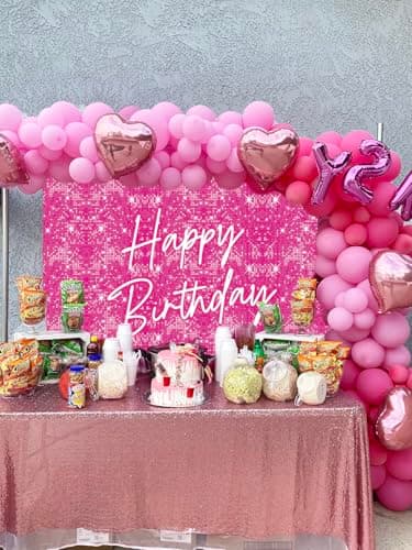 Toile de fond rose vif « Happy Birthday » à paillettes brillantes de 2,1 x 1,5 m pour photographie de filles et femmes, décoration de fête d'anniversaire pour filles et femmes, accessoires photo