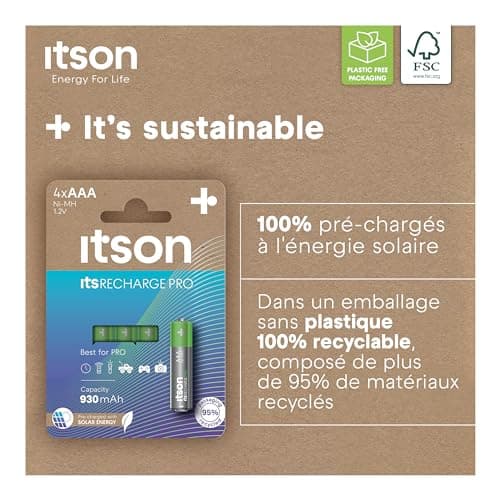 ITSON, AAA piles rechargeables, PRO, lot de 4, puissantes piles rechargeables, capacité Min. 930 mAh, pré-chargées, emballage à 95% de matériaux recyclés, made in Japan