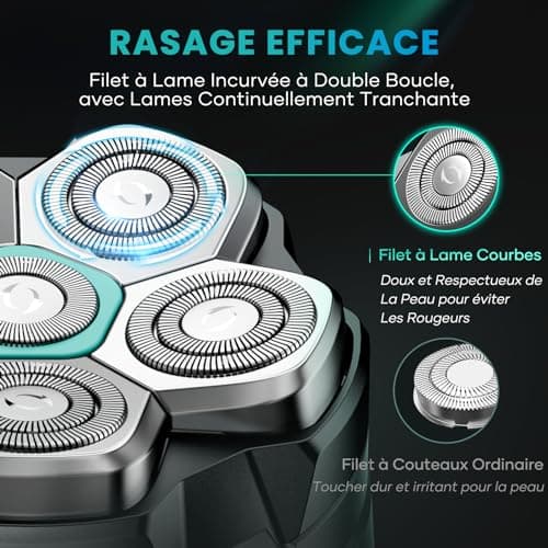 Kensen Rasoir Tete Chauve Homme 6D Rasoir Electriques Hommes Cheveux Rasoir Crane Homme Chauve IPX6 Étanche Tondeuse Crane Chauve Rotatives avec Écran LED Type-C Utilisation sans Fil 160mins Wet & Dry