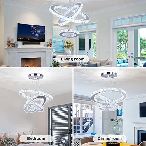 Cainjiazh Lustre moderne en cristal 3 anneaux LED ronds Lustre pendentif DIY en acier inoxydable ajustable Lustre plafonnier pour salle à manger chambre à coucher salon (Cool White)