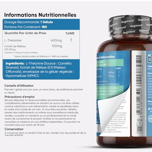 L-Theanine 500mg - 180 Gélules Vegan (6 Mois) - Camellia Sinensis, Acide Aminé de Thé Vert Enrichi en Mélisse - Alternative au GABA Sans Somnolence - Sans Stéarate de Magnesium & Sans Fructose