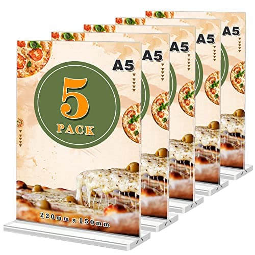 5 Pièces Présentoir de Table A5,Double Face-en Acrylique,Base T,Transparents Supports de Menu A5,Présentoirs A5 en Acrylique,Présentoirs Verticals de Table pour Restaurants,Menus,Hôtel,l'école