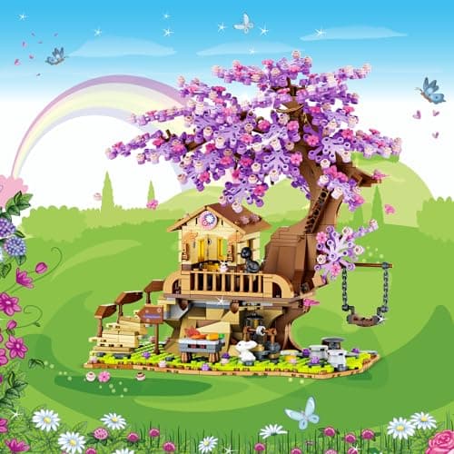 Jouet de construction pour la maison de l'arbre des cerisiers en fleurs avec lumière LED, 880pcs Bonsaï de fleurs de cerisier Jeu de construction de maison en fleurs pour les enfants de 6 à 12 ans