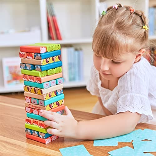 TOP BRIGHT Jouet Tour de Blocs Empilables colorés et Animaux en Bois pour Enfant de 4 5 6 7 8 Ans, 4 en 1 Jeux à Empiler pour Garçon et Fille 3 Ans, Cadeau avec 51 pièces