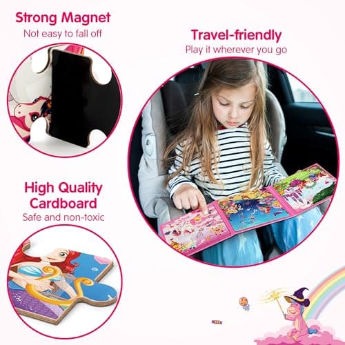 SYNARRY Puzzle Licorne Princesse Sirène Magnetique Enfants 3 4 5 6 Ans, 20 Piéces de Puzzle Voyage, Jouet pour Fille Avion Voiture Enfant 3 à 8 Ans