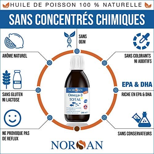 NORSAN Premium huile de poisson omega 3 Total Citron hautement dosé 200 ml / 2.000mg d’ omega 3 dose journalière/fish oil omega 3 1120mg EPA & 536mg DHA/huile poisson avec 800 IU de vitamine D3