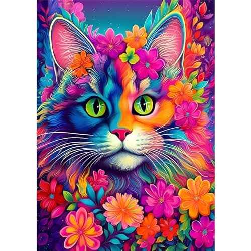 DAERLE Chat coloré Peinture Diamant, 5D Diamond Painting Complet Chat, Diamant Strass Point de Croix Cristal Painting Diamant Kit Enfants Animal Painting pour Murale Décoration 30x40cm