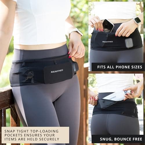Build & Fitness LiteBelt Ceinture de Course – 4 Poches à accès Rapide sur Le Dessus – Super légère, Fine, Support de téléphone de Course – Convient à Toutes Les Tailles de téléphon S