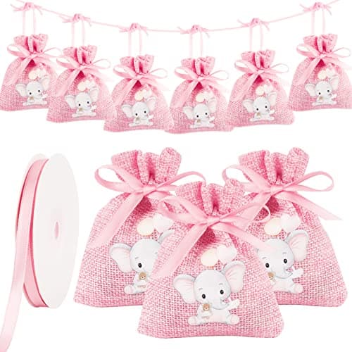 BETESSIN 24pcs Sachet Cadeau Dragée Jute Pochette Communion Baptême 8x10cm Confirmation Sac Mariage Anniversaire Bijoux Bonbon Chocolat Perle Faveur Décoration Fête (Rose)