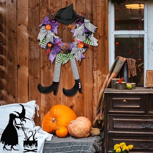 NEMMXUB 35cm Couronne Halloween, Guirlande de Sorcière, Couronne de Porte Halloween, Couronne de Sorcières Chapeau de sorcière Couronne de citrouilles,pour Cour,l'arbre,Porche Décor Murales Fenêtres