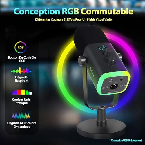 FIFINE USB/XLR Streaming Micro Dynamique pour PC, RGB Cardioïde Microphone pour Gaming, Podcasting, Broadcasting, Enregistrement Vocal, pour PS4/5 Mac PC Mixer Cartes Son