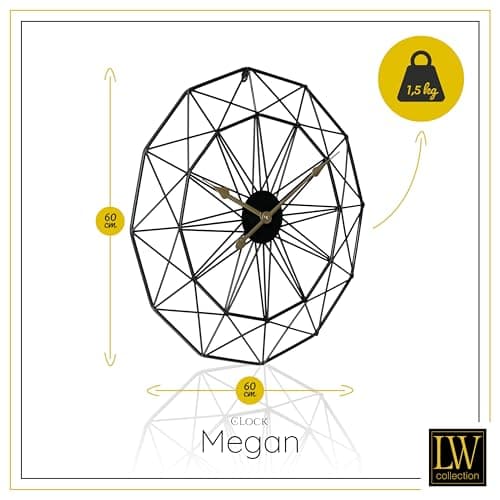LW Collection Horloge Murale Megan Noir 60 cm - Grande Horloge Murale Industrielle en Métal - Horloge Murale Moderne - Mouvement Silencieux - Horloge Silencieuse