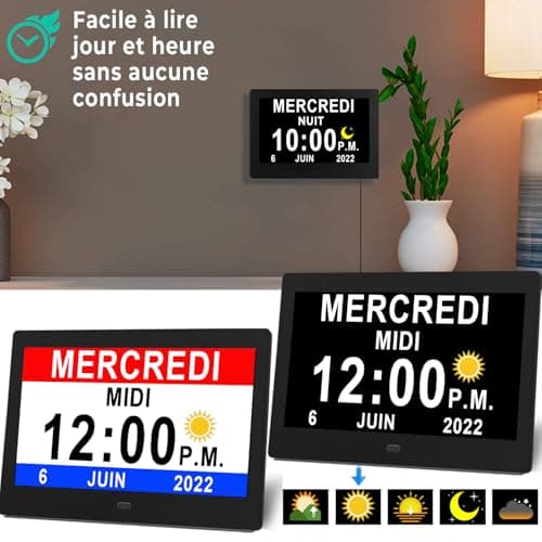 Véfaîî 10 Pouces Grand Horloge Numérique, Automatique de L’Heure D’été, Réveil Murale Silencieux avec 20 Rappels Personnalisés pour Les Adultes et Les Enfants et la maladie d'Alzheimer