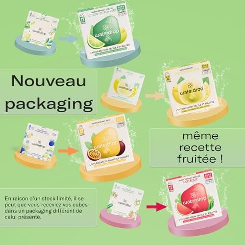waterdrop® Microdrink Coffret Tropical | 48 waterdrop boisson en cube effervescente | 4 saveurs Avec Thé Glacé CITRON | Extraits naturels de fruits et de plantes | Eau aromatisée en pastille