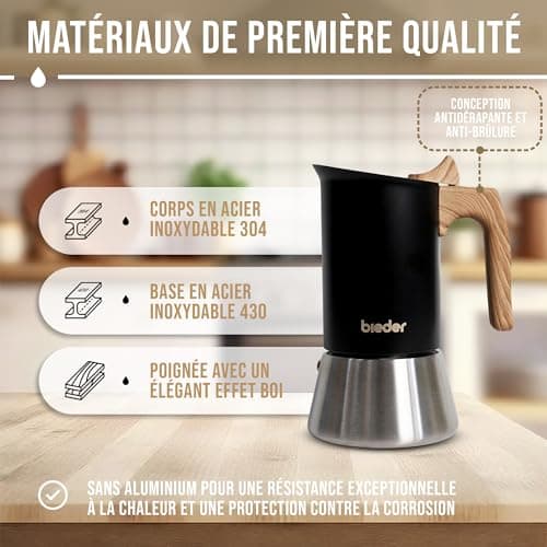 bieder - Nouvelle Nordic Moka Induction - Cafetière italienne en acier inoxydable - Convient à l'induction - Capacité 300ml - 6 tasses (6x50ml) (Noir)