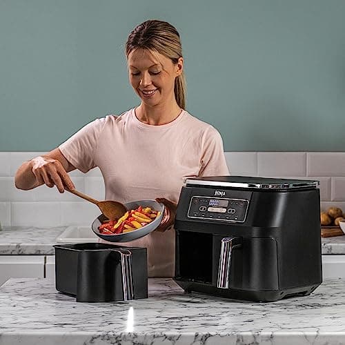 NINJA Foodi Dual Zone Airfryer Digital, 2 Tiroirs, 7,6L, 6-en-1, Sans huile, Air Fry, Max Crips, Rôtir, Cuire, Réchauffer, Déshydrater, Antiadhésif, Paniers lavables au lave-vaisselle, Noir AF300EU