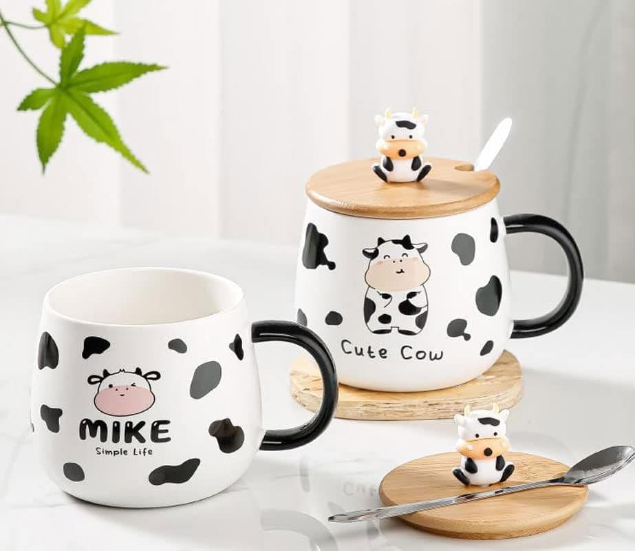 Tasse Vache Mignonne, Petit déJeuner, Café, avec Cuillère et Couvercle, Compagnon Amateur de Lait, pour Café, Boissons, Porridge (B, Céramique, 400ml)