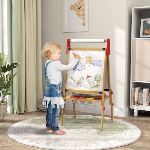AIYAPLAY Chevalet peinture pour enfants, tableau enfant double face 3 en 1, avec rouleau de papier, tableau blanc et noir hauteur réglable, avec accessoires de peinture, enfants 3-8 ans, bois naturel