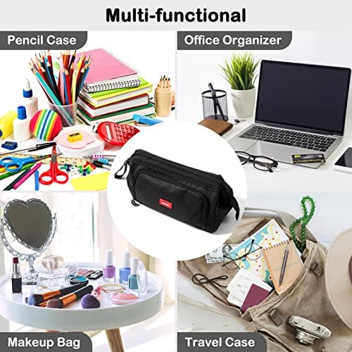 Diboniur Trousse à Crayons Scolaire Enfant, Grande Capacité avec 3 Compartiments, Papeterie Aesthetic Fourniture Scolaire Trousse Organisateur (Noir)