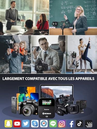 Micro Cravate sans Fil Professionnel, Moman C2X Wireless Lavalier Microphone Con Écran TFT pour Appareil Photo Transmission 100m Caméra DSLR Caméscope Smartphone PC Laptop Tablette