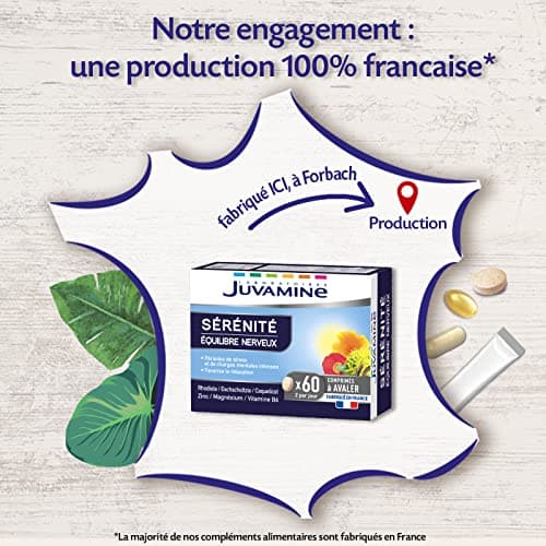 JUVAMINE - Sérénité - Équilibre Nerveux - Favorise La Relaxation et La Détente - A Base de Plantes et Minéraux - Magnésium, Vitamine B6, Rhodiola - 60 Comprimés - Fabriqué en France