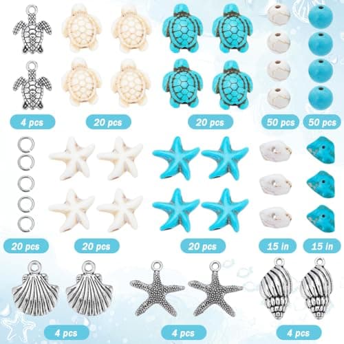 SUNNYCLUE 1 boîte de 217 perles de Tortue de Mer, Perles D'Étoile de Mer, Perles D'Étoile de Mer, Breloques en Vrac, Breloques de Tortue D'Océan Hawaïennes, Perles Turquoise, Perles D'Espacement en Vr